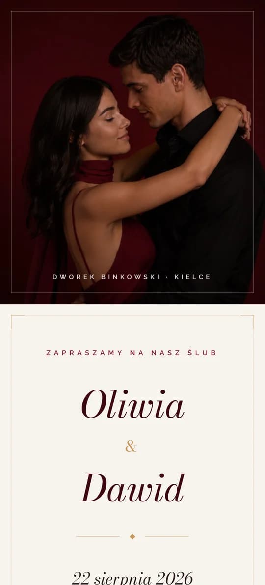 Podgląd szablonu strony ślubnej Crimson-Cream na ekranie telefonu