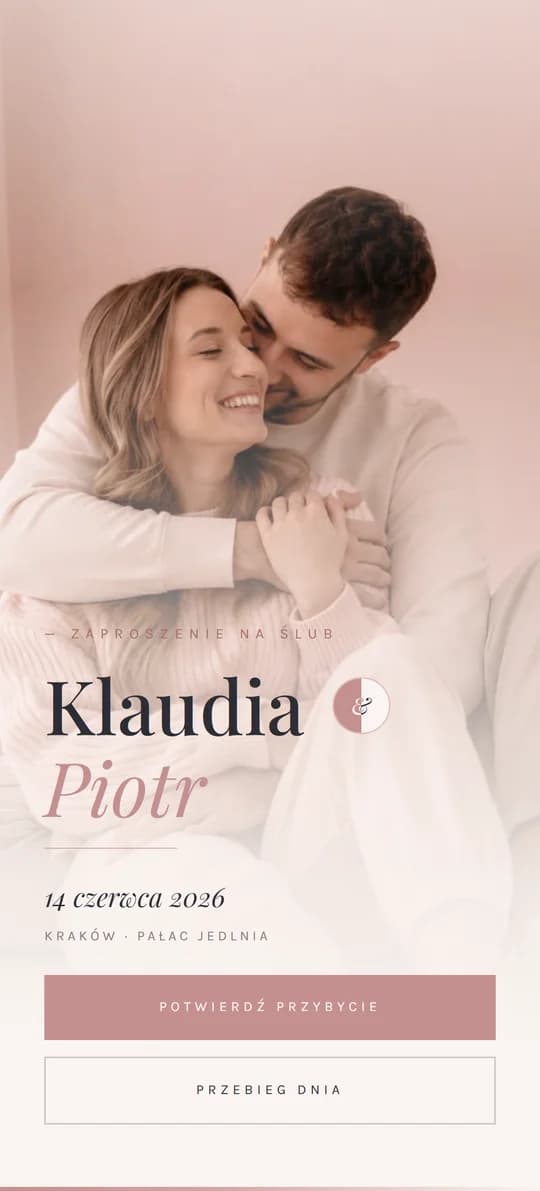 Podgląd szablonu strony ślubnej DustyRose na ekranie telefonu