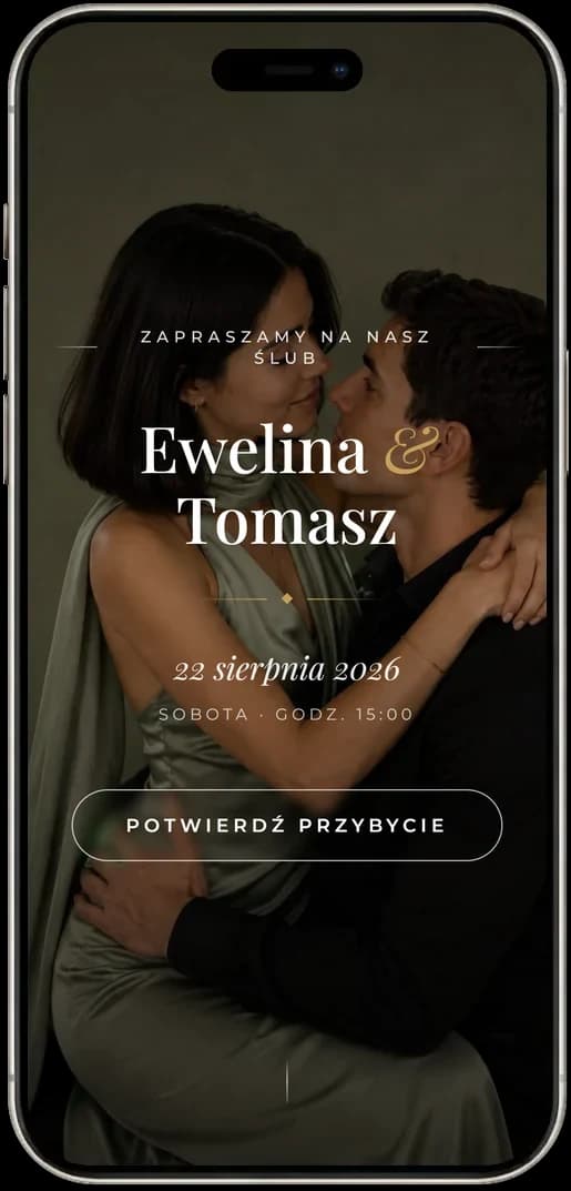 Strona ślubna otwarta na telefonie - ekran powitalny z imionami pary i datą ślubu